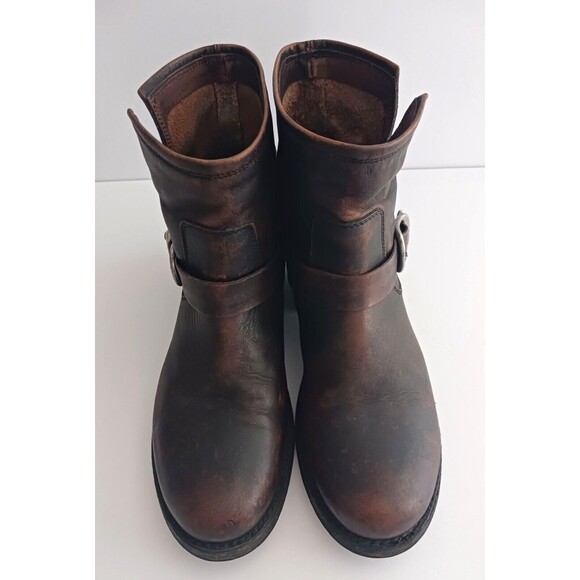 FRYE Veronica Ankle Bootie Dk Brown Distressed Leather Moto Buckle Strap 8.5 - Picture 6 of 14